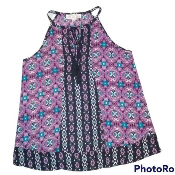 Pink Rose Black Fuchsia Tribal Tile Halter Tank - Picture 1 of 10